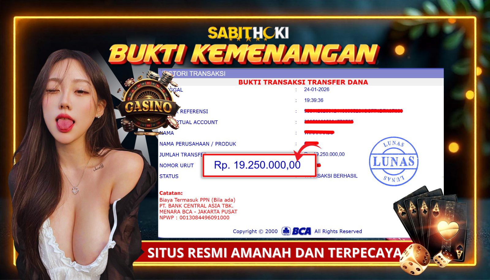 SELAMAT KEPADA MEMBER SETIA SABITHOKI BERHASIL JACKPOT DI PERMAINAN CASINO ( BACCARAT )